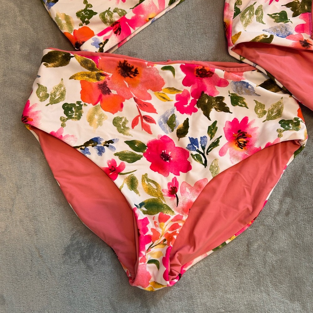 Coral Reef Size Large 3 Piece Floral Pink High-Waist Bikini Set Women Swim NWOT - Picture 8 of 9